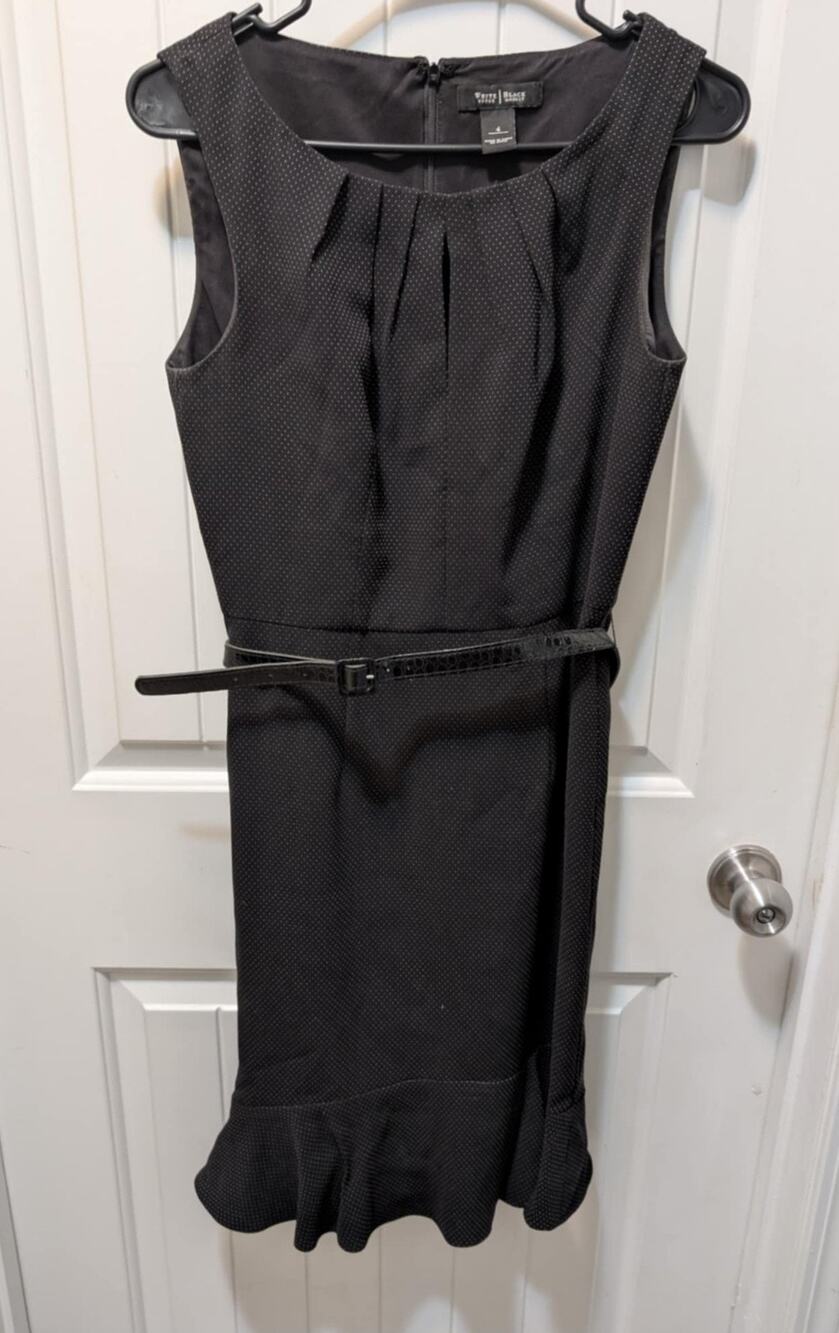 White House Black Market Sheath Dress Polka Dot Womens 4 Sleeveless Belted